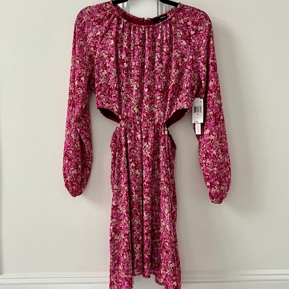 WOMEN'S AQUA PINK FLORAL DRESS WITH LONG SLEEVE AND SIDE CUT SIZE XS - Picture 3 of 3